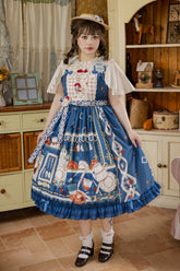 Robe Lolita Jsk Élégante et Douce avec Nœud à Volants en Dentelle et Imprimé Fête du Thé Bleu Foncé